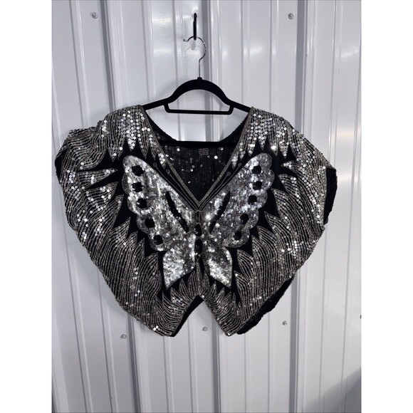 Vintage 70’s Sequin, Beads And Silk Butterfly Blouse - Picture 1 of 5